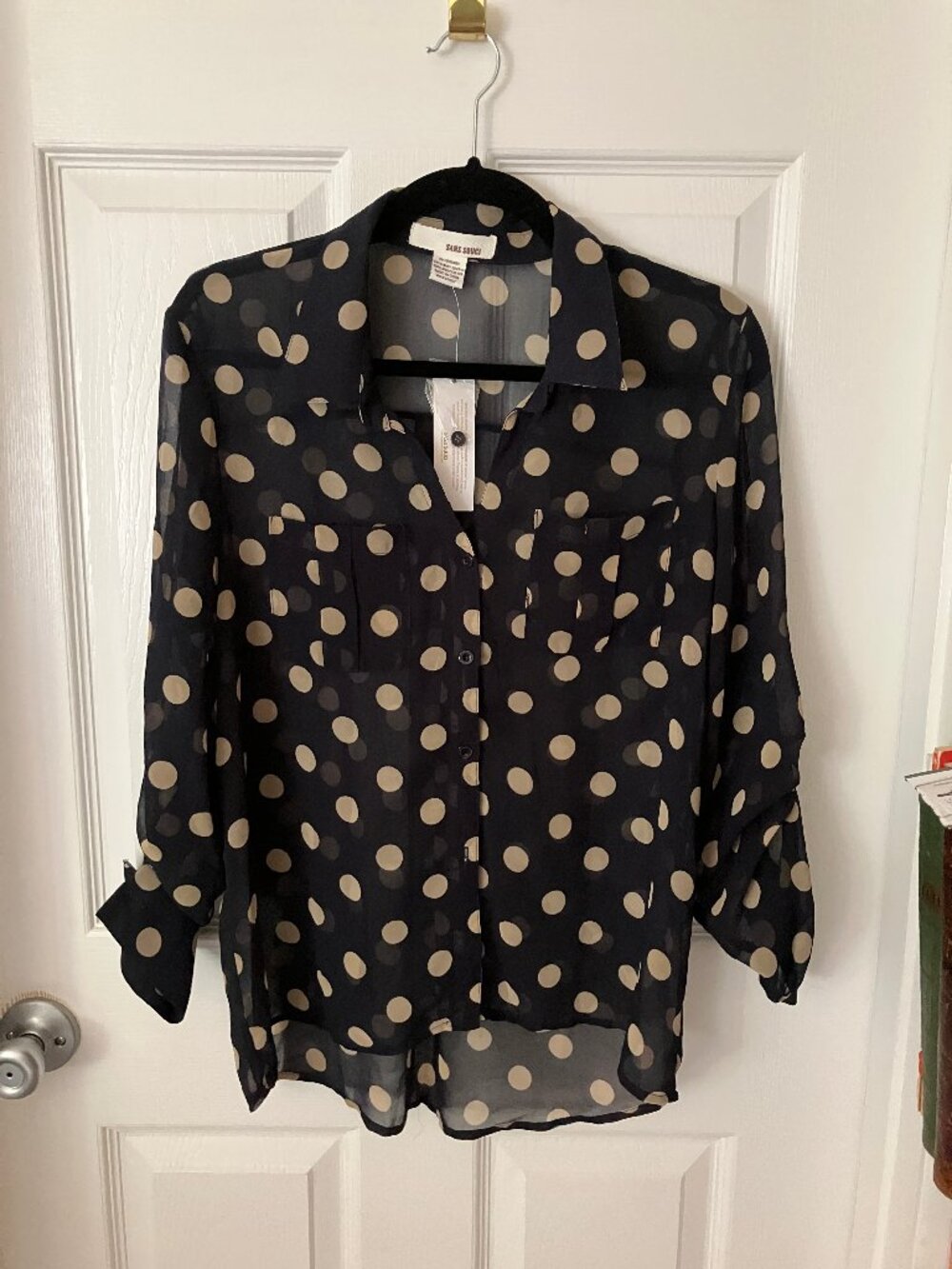 SANS SOUCI Ladies' Blouse sheer Black mesh w/all-over Cream polka dots Sz M